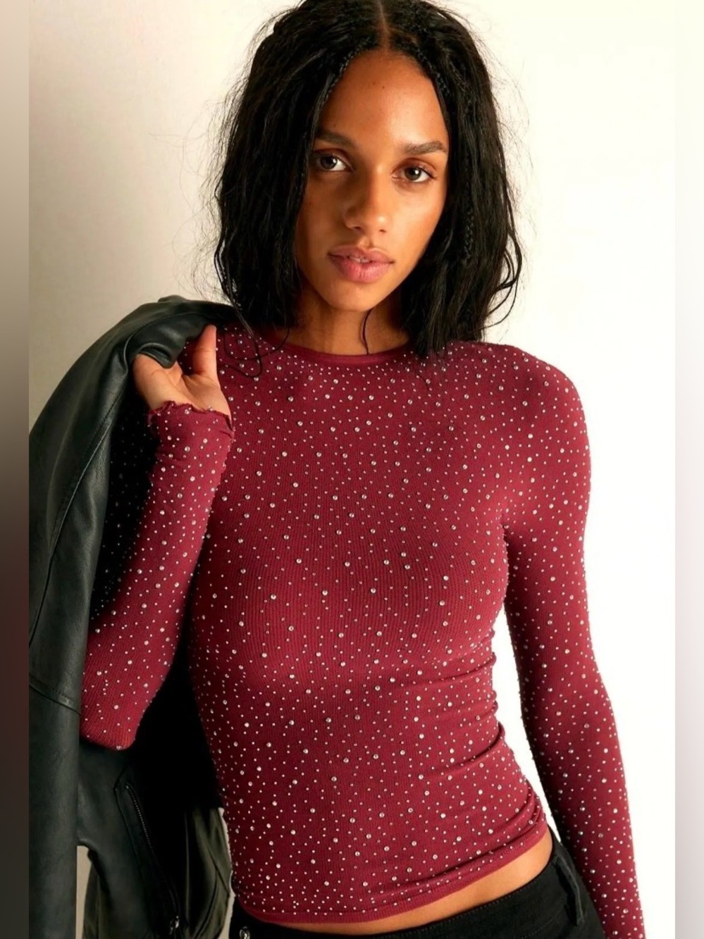 FREE PEOPLE Night Sky Long Sleeve TOP in BURGUNDY/WINE